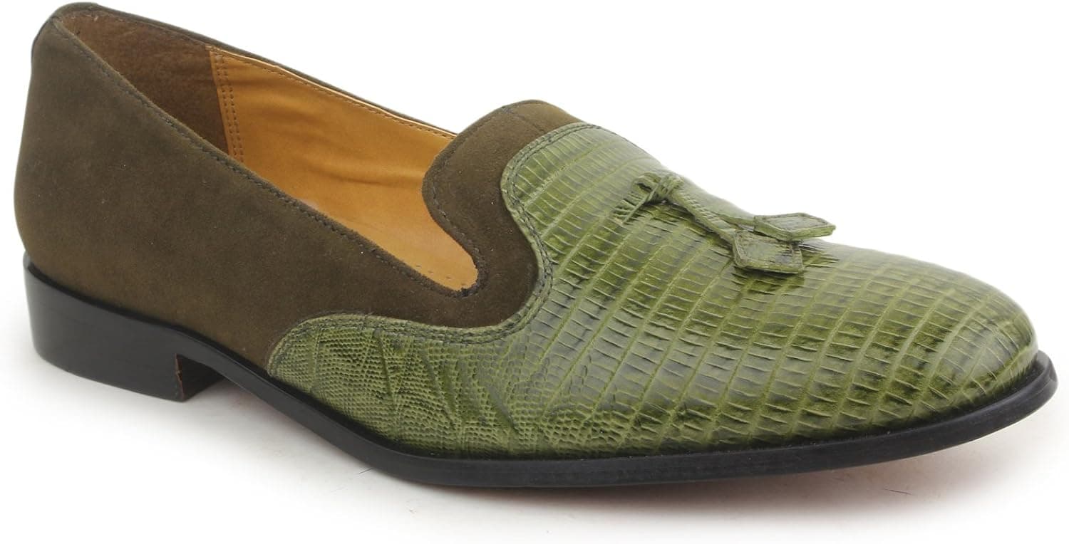 LIBERTYZENO Slip-On for Mens PU Leather Cushioned Footbed Tassels Loafer Shoes Olive