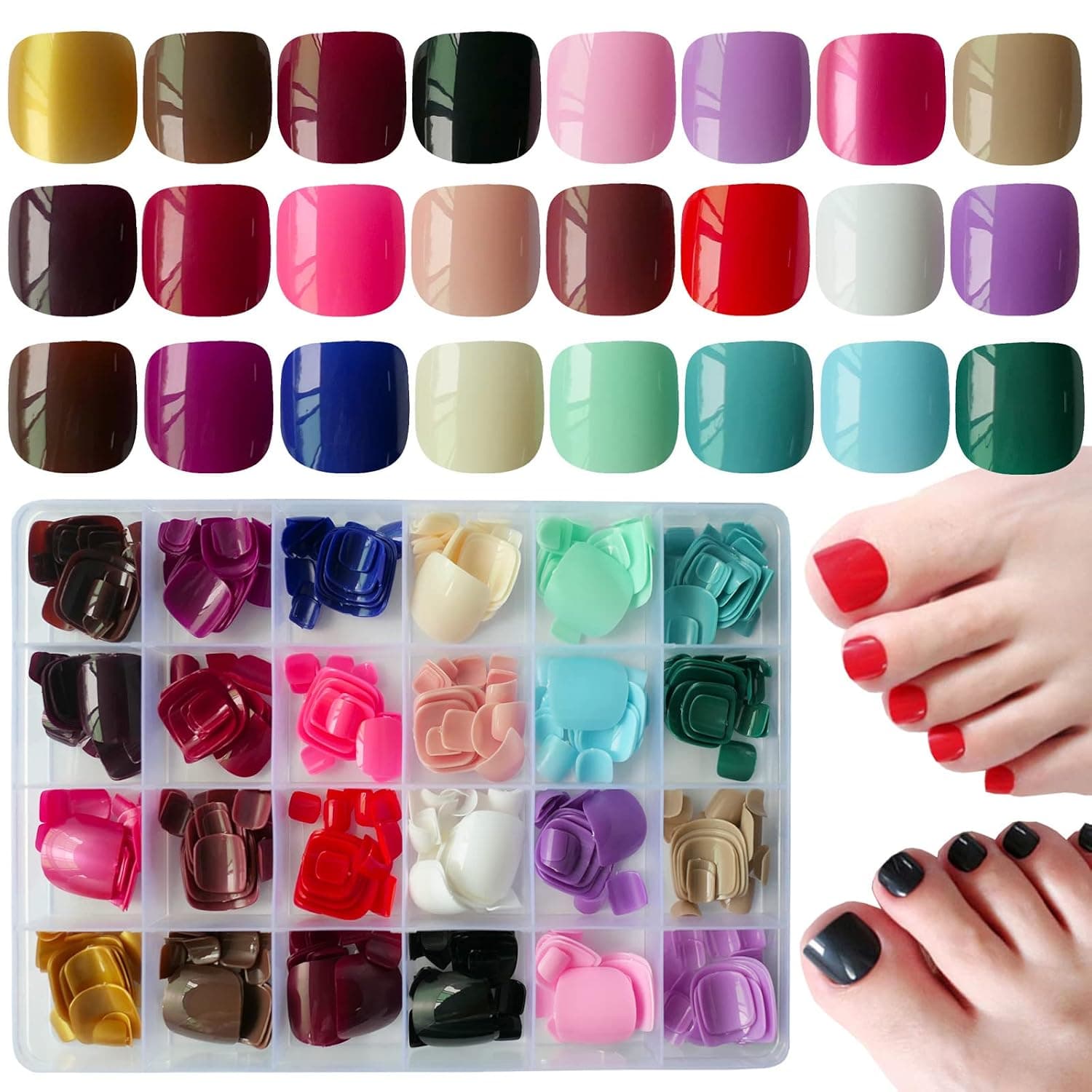 LoveOurHome Colored Press on Toenails Short Square Fake Toe Nails Tips Glossy Full Cover Artificial False Toenail French Pedicure Decor 24 Colors for Women Teen Girls