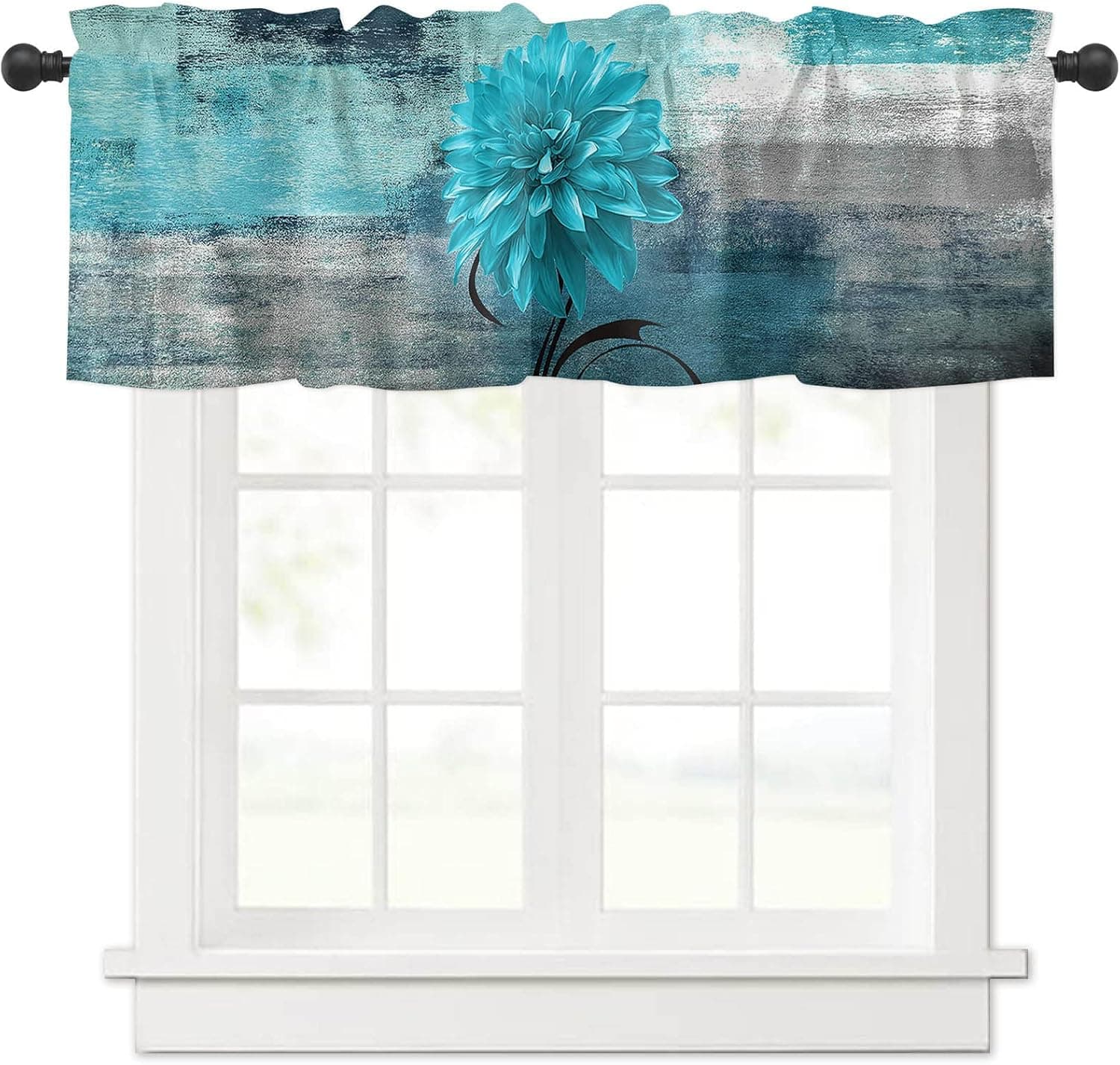 ReverseClock Window Valance for Living Room Kitchen, Rod Pocket Window Treatment Abstract Graffiti Art Painting Short Curtain Valances Decor for Bedroom, Bathroom, Farmhouse (Blue Flower)
