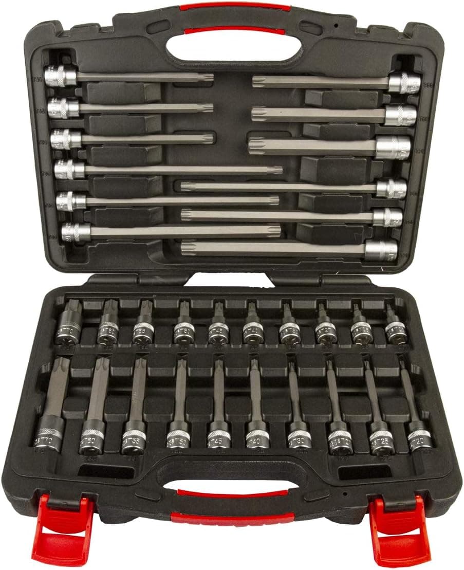 Torx Bit Socket Set, 3/8" Square Drive. 【32 Pieces】, high grade S2 bits and Chrome vanadium steel sockets, 【Superior Quality】By MUSTANG PREMIUM tools, MADE IN TAIWAN