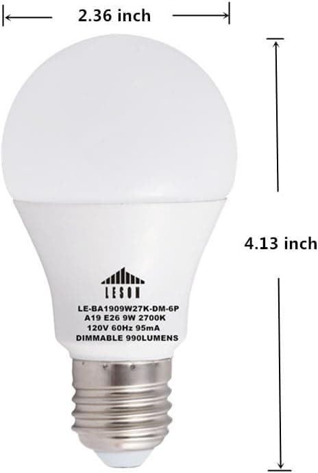 Leson Dimmable A19 LED Light Bulb Standard E26/E27 Base 9W Energy Saving, Equivalent to 75 Watt Incandescent Bulbs, 990lm Soft Warm White 2700k (6 Pack)
