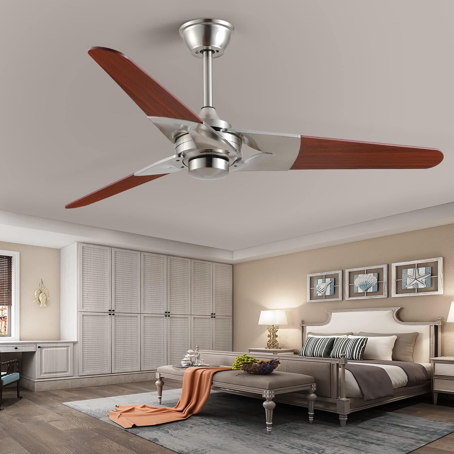 SHIHOT 50" Ceiling Fan without Lights Remote Control, Flush Mount Outdoor Ceiling Fan No Light with 3 Wood Blades, Modern Farmhouse Ceiling Fan with No Light for Patio, Living Room, Reversible