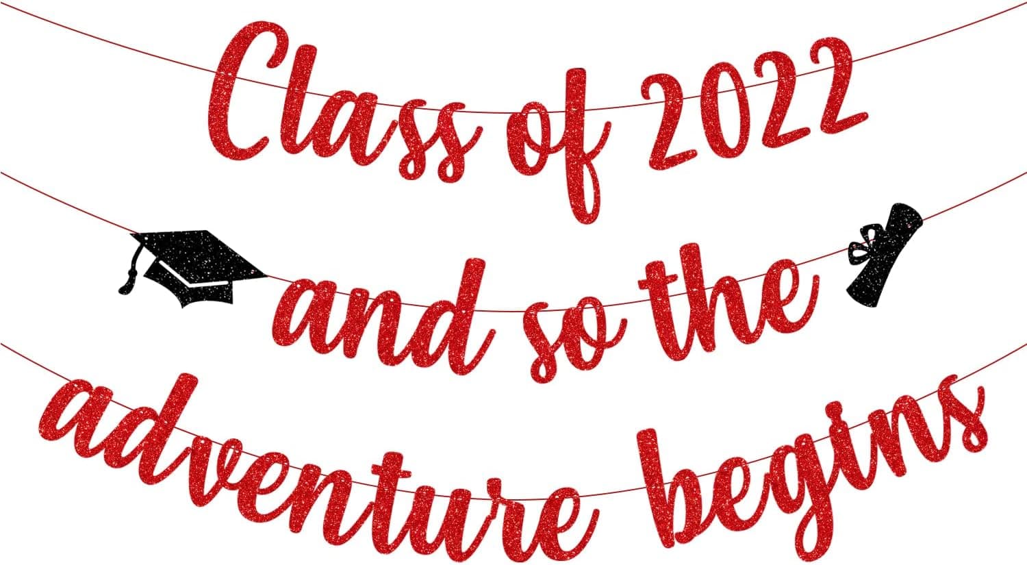 PTFNY Glitter Class of 2022 And So The Adventure Begins Banner 2022 Graduation Adventure Begins Garland Banner Congrats Grad Banner for School College Adventure Begins Graduation Party Decorations (red)