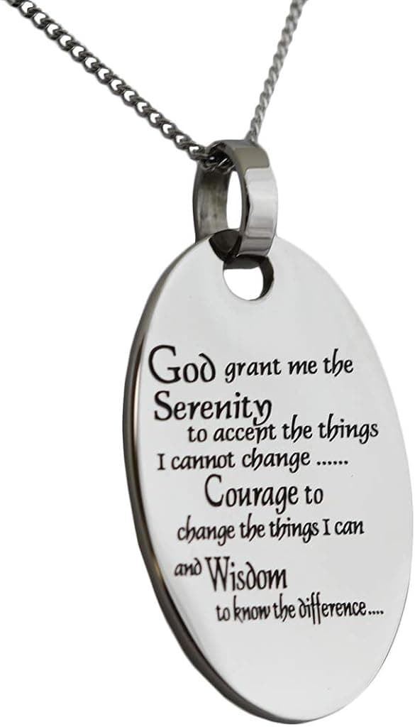 Rush Industries Serenity Prayer Pendant Necklace - Oval Shaped Stainless Necklace - 12 Step Jewelry - Religious Necklace