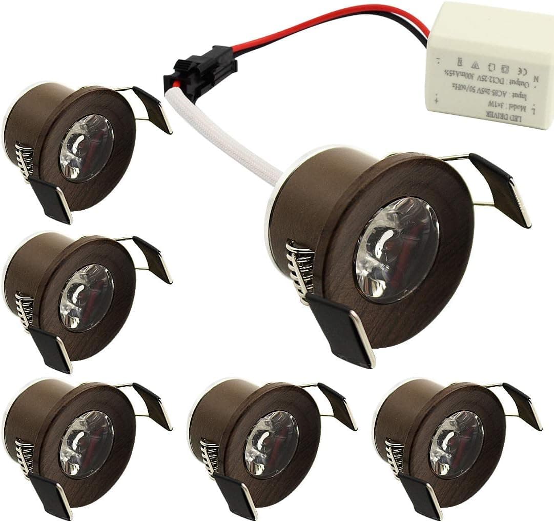LEDIARY Recessed Cabinet Lights, Mini Led Downlighters, 1 inch Led Lights Round, Dark Wood, 120v, 1.5w, Warm White 3000k, 6 Packs