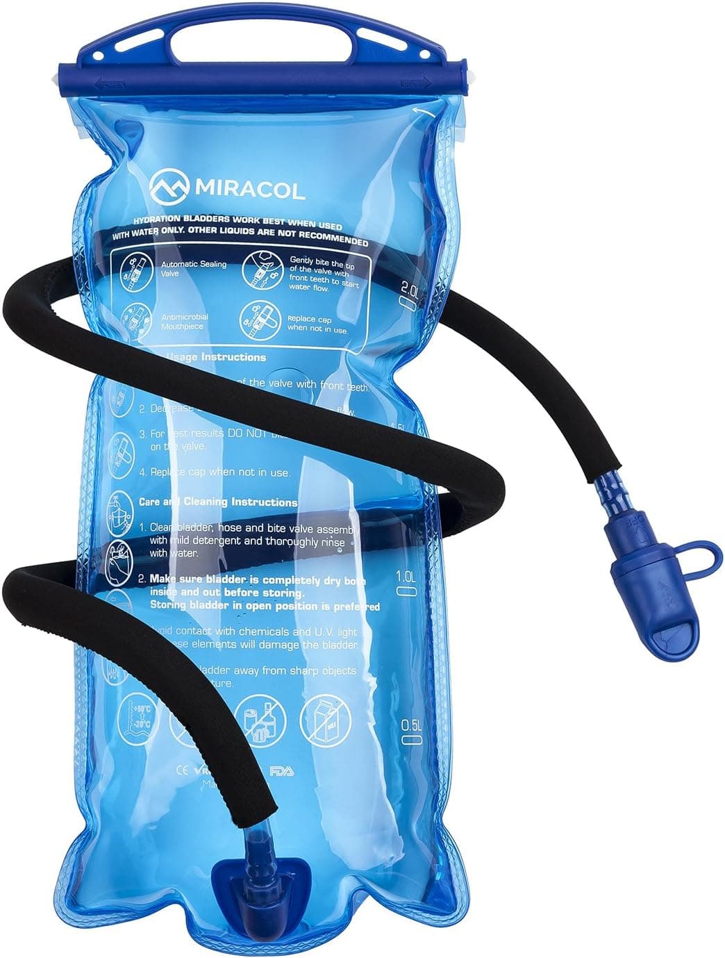 MIRACOL Hydration Bladder 2 Liter 70 oz BPA Free Water Reservoir - Leak Proof Hydration Pack Replacement - Best Outdoor Gear for Hiking, Cycling, Climbing Skiing, Running (Blue 2L - Wide Mouth)
