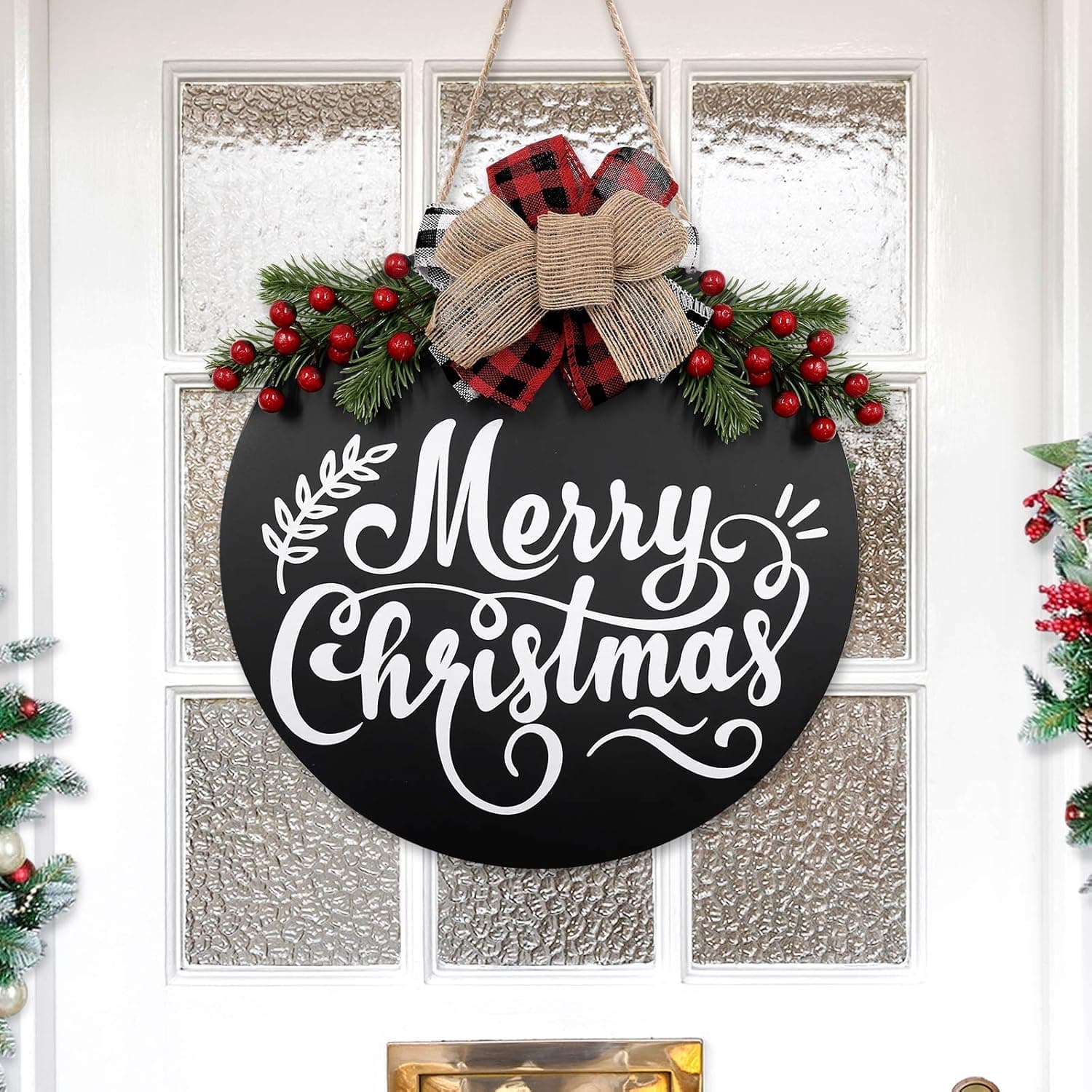 Christmas Wreaths for Front Door Merry Christmas Outdoor Decorations Buffalo Plaid Natural Wood Hanging Welcome Decor for Front Porch Wall Window Rustic Farmhouse Holiday Indoor, Black, 12 Inches