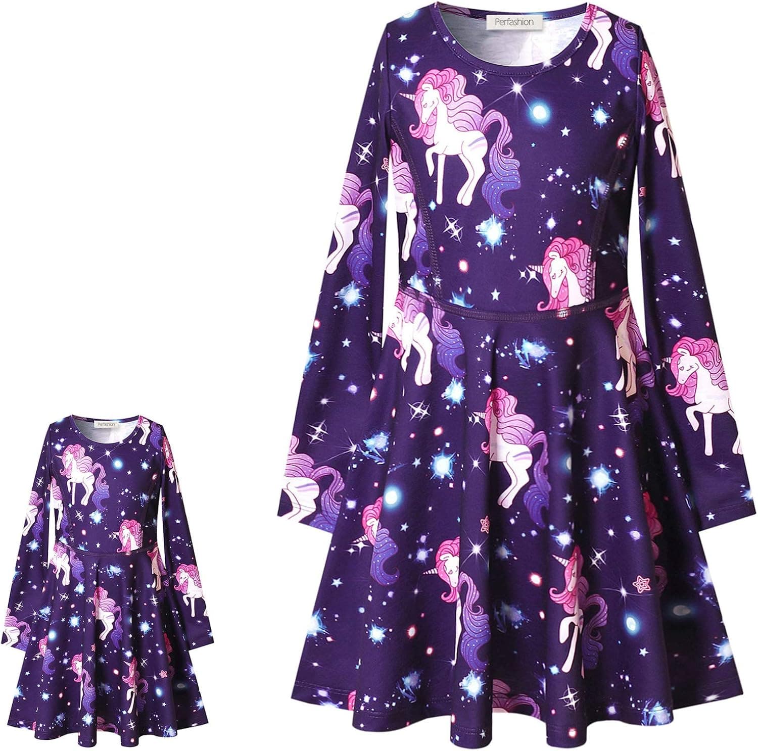 Perfashion Matching Girls&Dolls Sleeveless/Long Sleeve A-Line Dresses Unicorn Festival Skirts