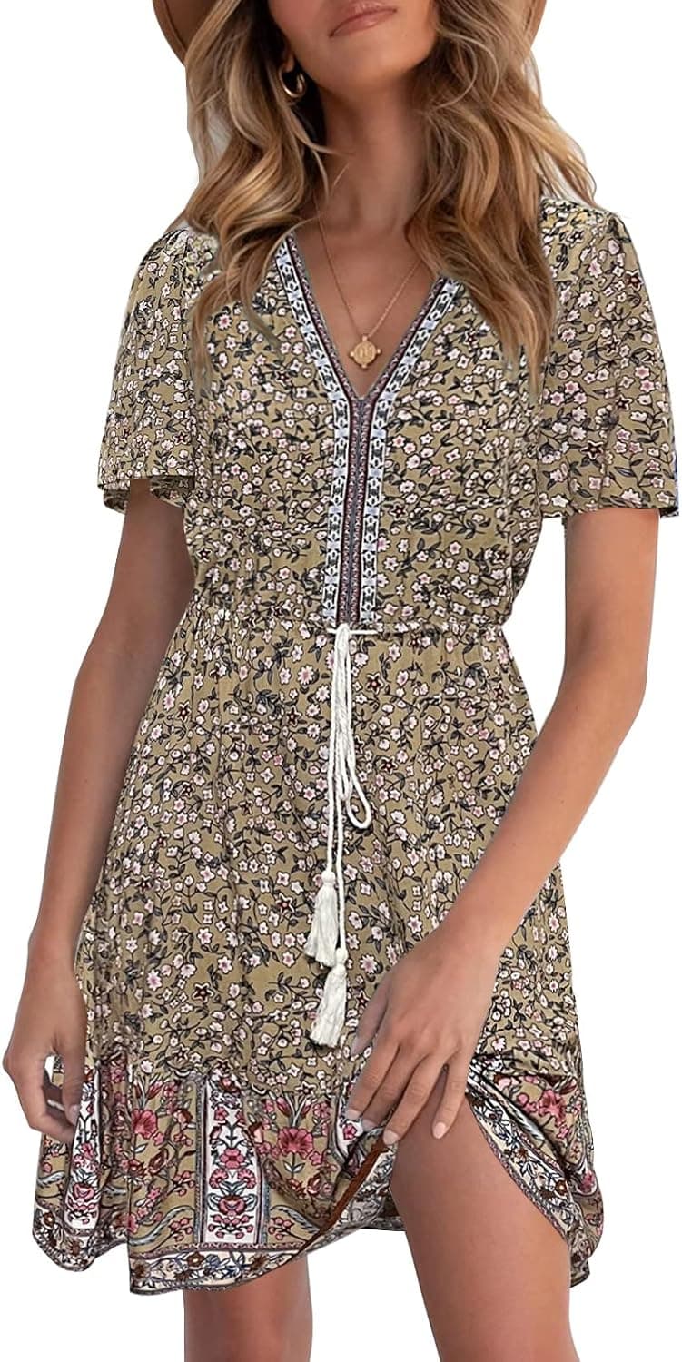 LEANI Women’s Summer V Neck Bohemian Floral Print Mini Dress Short Sleeve Ruffle Beach Short Dress