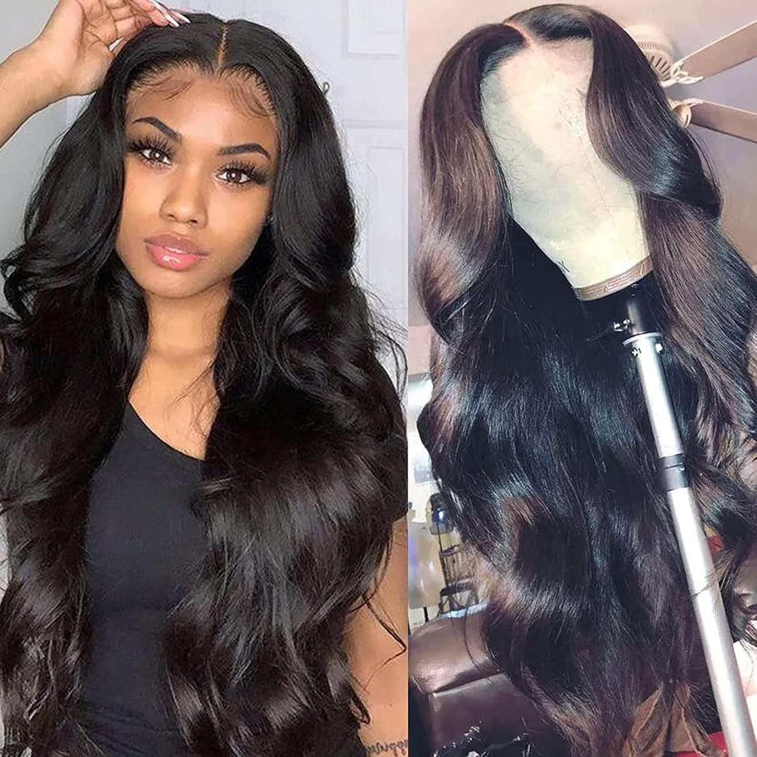 Douyin Body Wave Lace Front Wigs Human Hair Pre Plucked 180% Density 13x4 HD Lace Front Wigs For Black Women Human Hair Wigs Glueless Transparent Frontal Wig Natural Black Color (24 Inch)