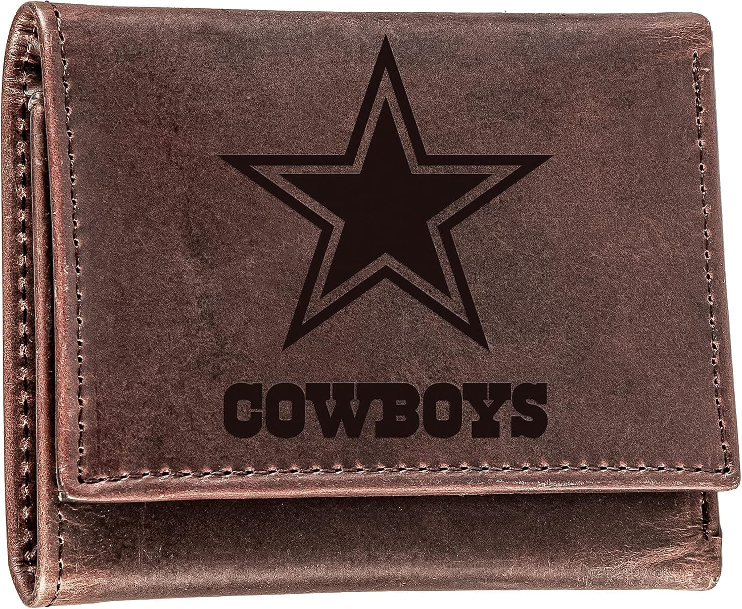 Evergreen Team Sports America NFL Dallas Cowboys Brown Wallet | Tri-Fold | Officially Licensed Stamped Logo | Made of Leather | Money and Card Organizer | Gift Box Included