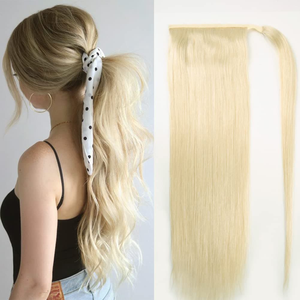 RECOOL Ponytail Extension Human Hair Blonde Wrap Around Clip in Ponytail Hair Extensions Hair Piece Real Remy Human Hair Ponytail Extension for Women Long Straight(18 inch)