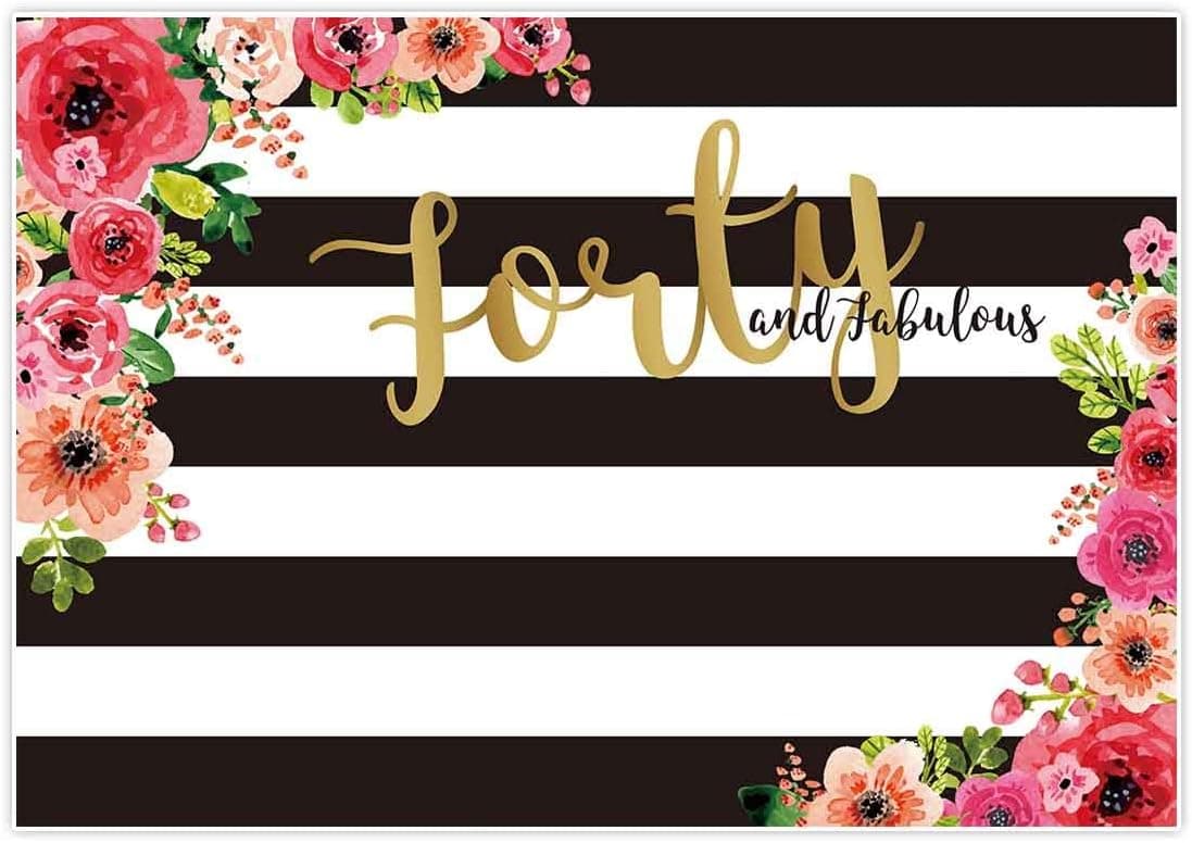 Allenjoy 7x5ft Fabulous 40th Birthday Backdrops Happy Forty Years Old Women Prom Black White Stripe Gold Glitter Pink Paper Flower Banner Party Decoration Supplies Props Photo Booth Background