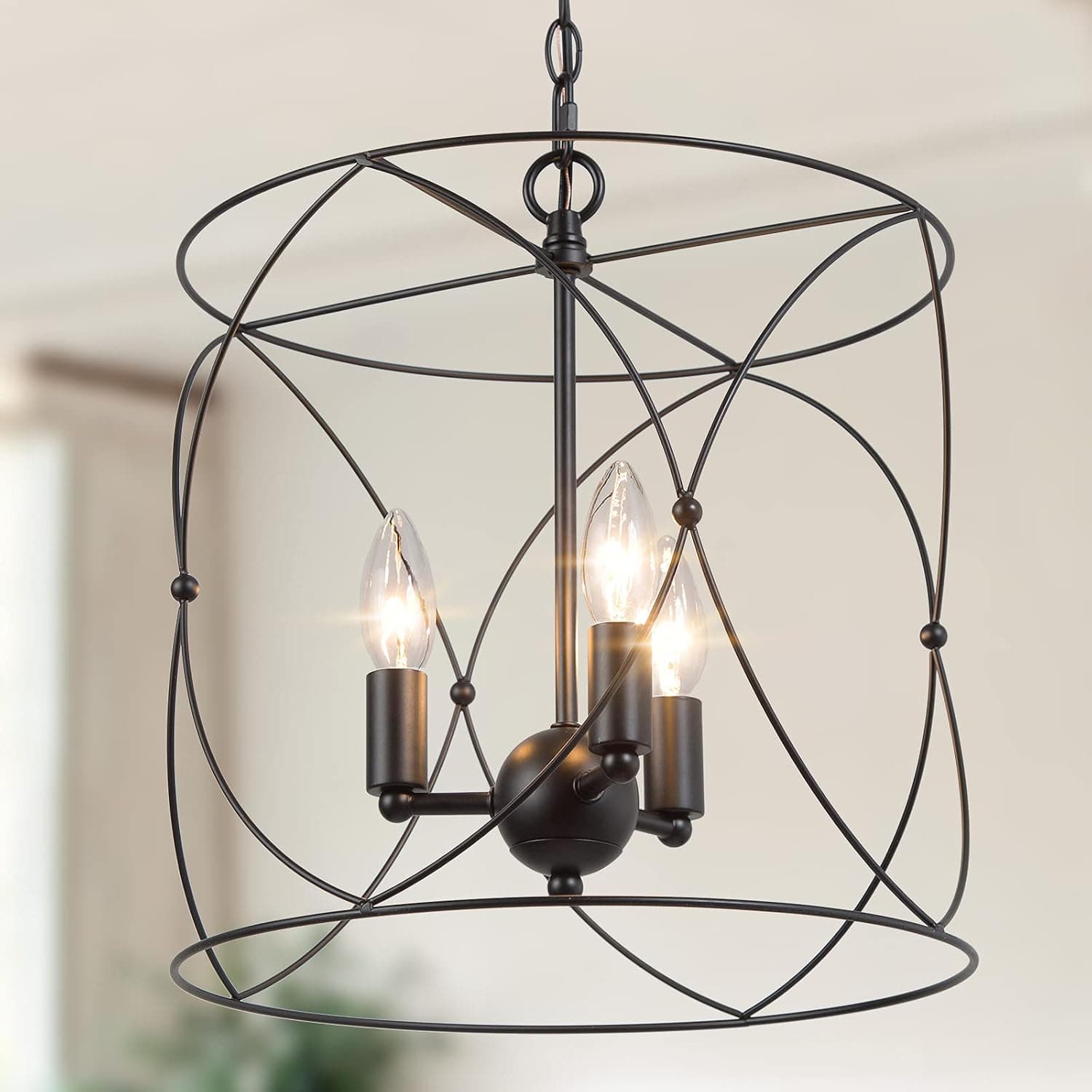 LALUZ Pendant Lighting for Kitchen Island, Farmhouse Chandeliers for Dining Room, Black Cylinder Foyer Pendant Fixtures, 13” Dia