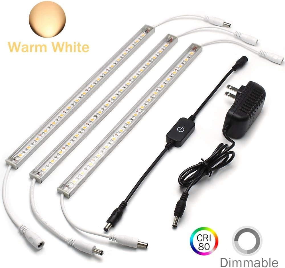 Thin LED Under Cabinet/Counter Kitchen Lighting Plug-in, Touch Dimmable LED Light with 18 LEDs, Easy Installation Warm White 12V/1A 9W/900LM, CRI 80, All in One Kit