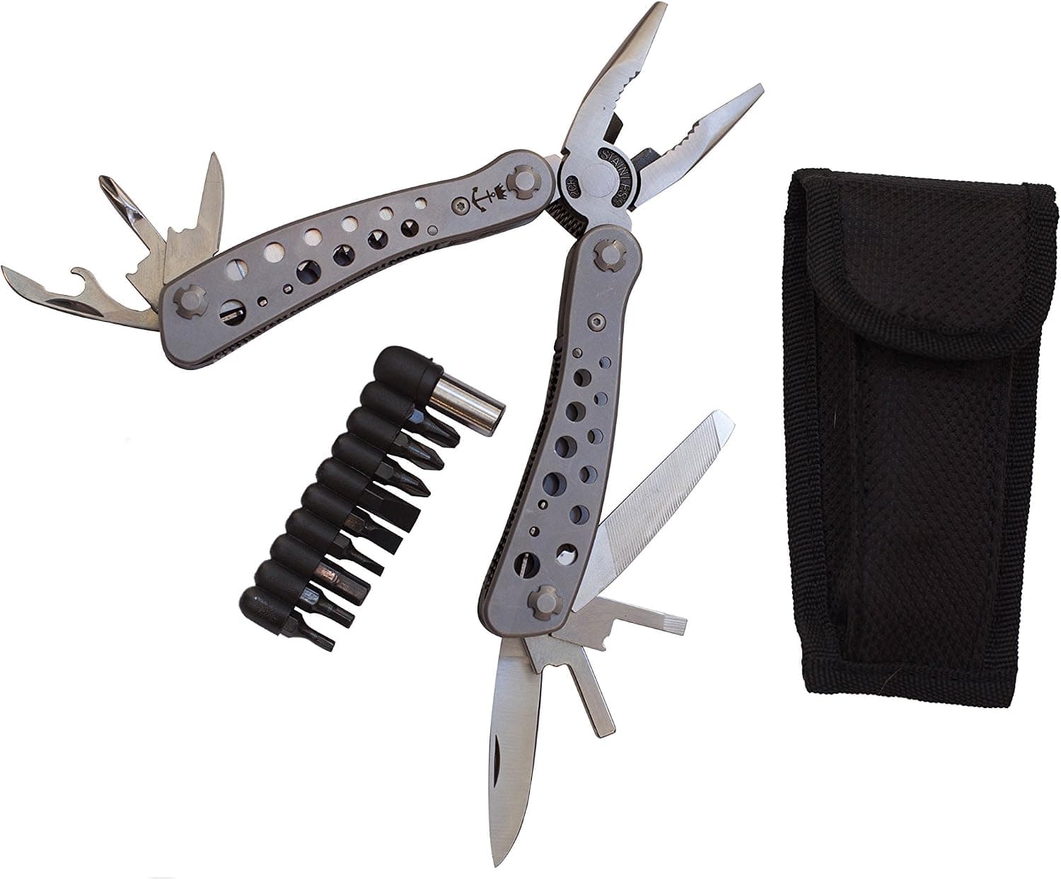 Deep Sea Excalibur Multitool Hydra, Stainless Steel, Multipurpose 10+ Functions and Screwdriver with 9 Piece Screw Tip Set, in Nylon Pouch