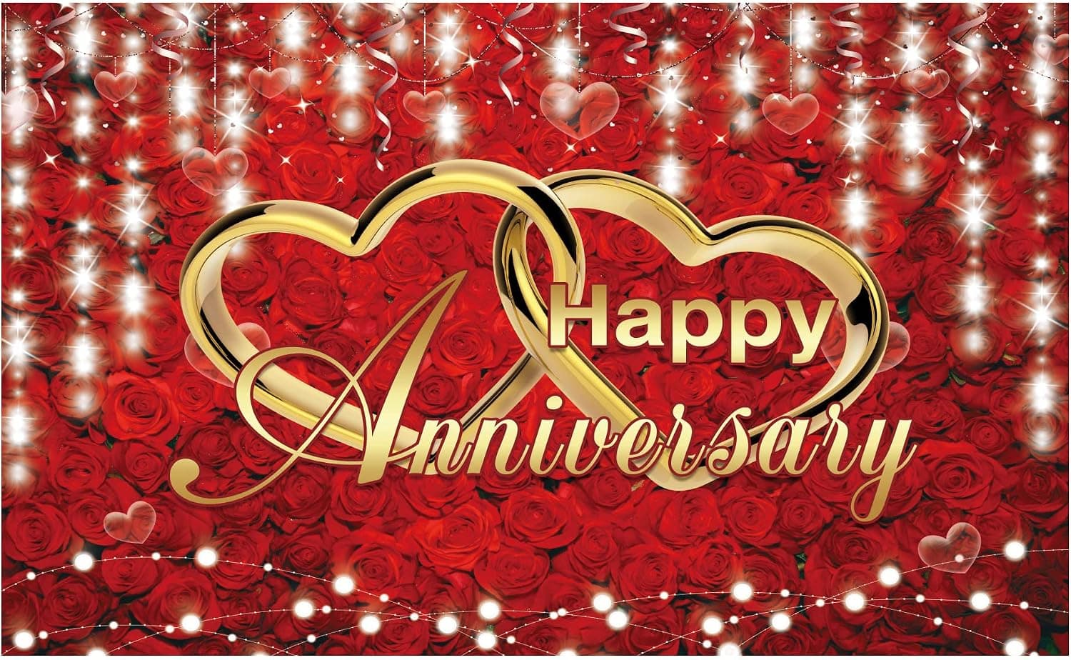 Funnytree Happy Wedding Anniversary Party Backdrop Banner Red Gold Flowers Roses Photo Booth Banner Supplies Photography Background Indoor Outdoor Decorations