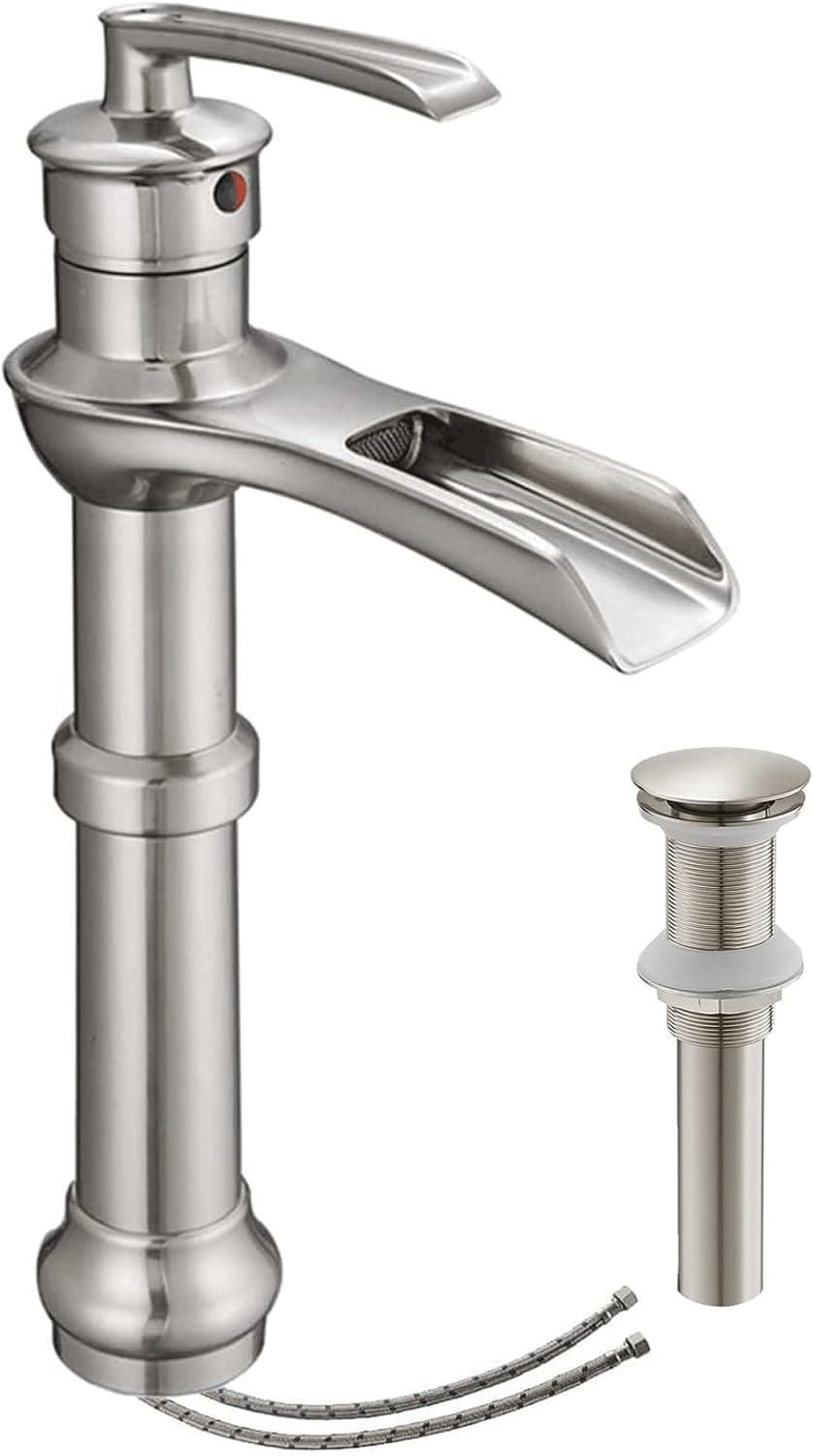 Homevacious Vessel Sink Faucet Brushed Nickel Waterfall Bathroom Faucet Tall Single Handle Bowl Vanity Faucets with Pop Up Drain Assembly Single Hole Lavatory Mixer Tap Supply Line Lead-Free