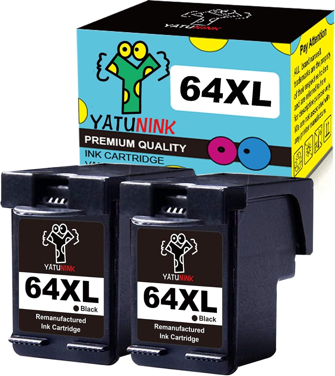 YATUNINK Remanufactured 64XL Ink Cartridges Replacement for HP 64XL 64 XL Black Ink Cartridge for Hp Envy Photo 7120 7130 7132 7155 7158 7164 7855 7858 6220 6230 6252 6255 Printer(2 Black)