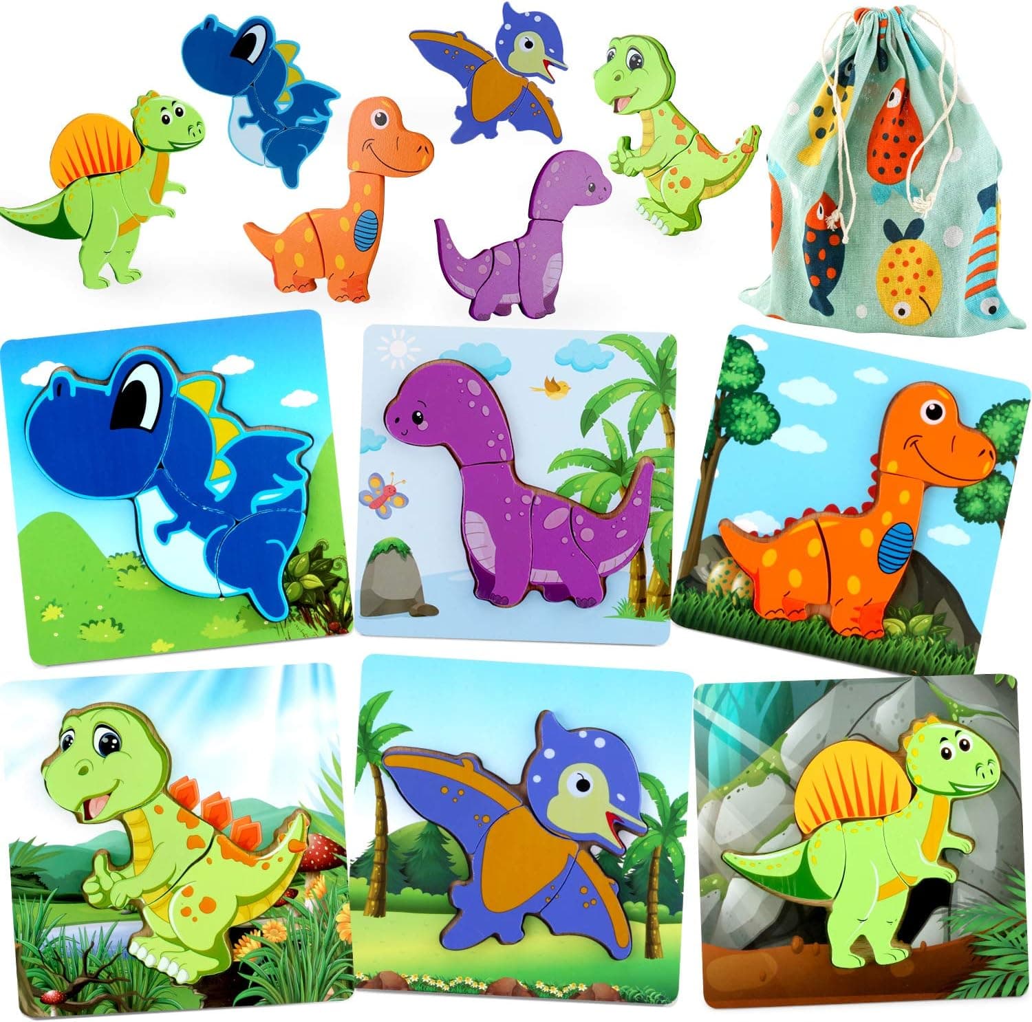 JoyGrow 6 PCS Dinosaur Wooden Jigsaw Puzzles Set Toddler Blocks Puzzle Learning Toys for Kids Educational Toys for Preschool Kindergarten Boys and Girls