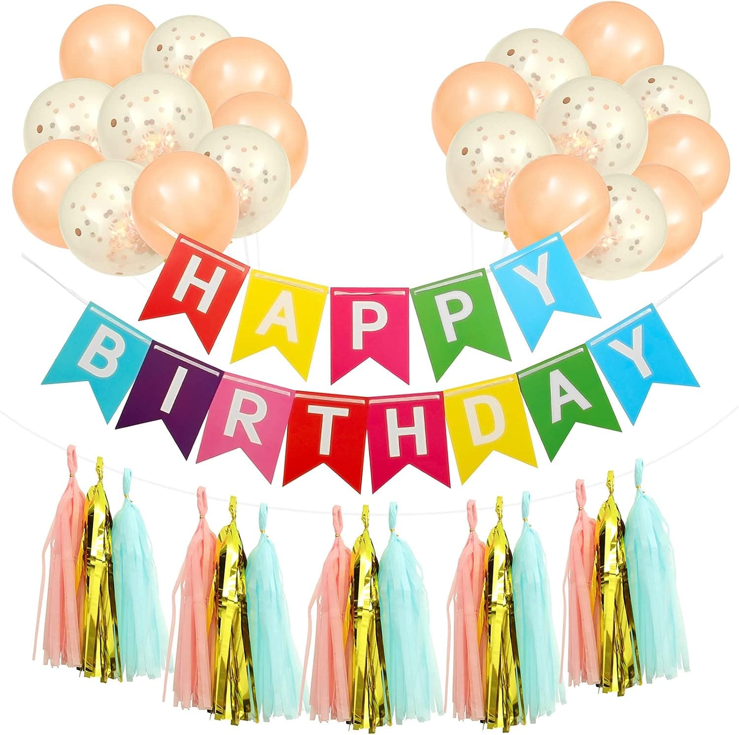 Happy Birthday Banner Birthday Bunting Balloons Birthday Decorations Party Kit – 36 Piece colorfulParty Decorations Set – Includes 20PCS Balloons, 15PCS Foil Tassels,1PCS Happy Birthday Banner