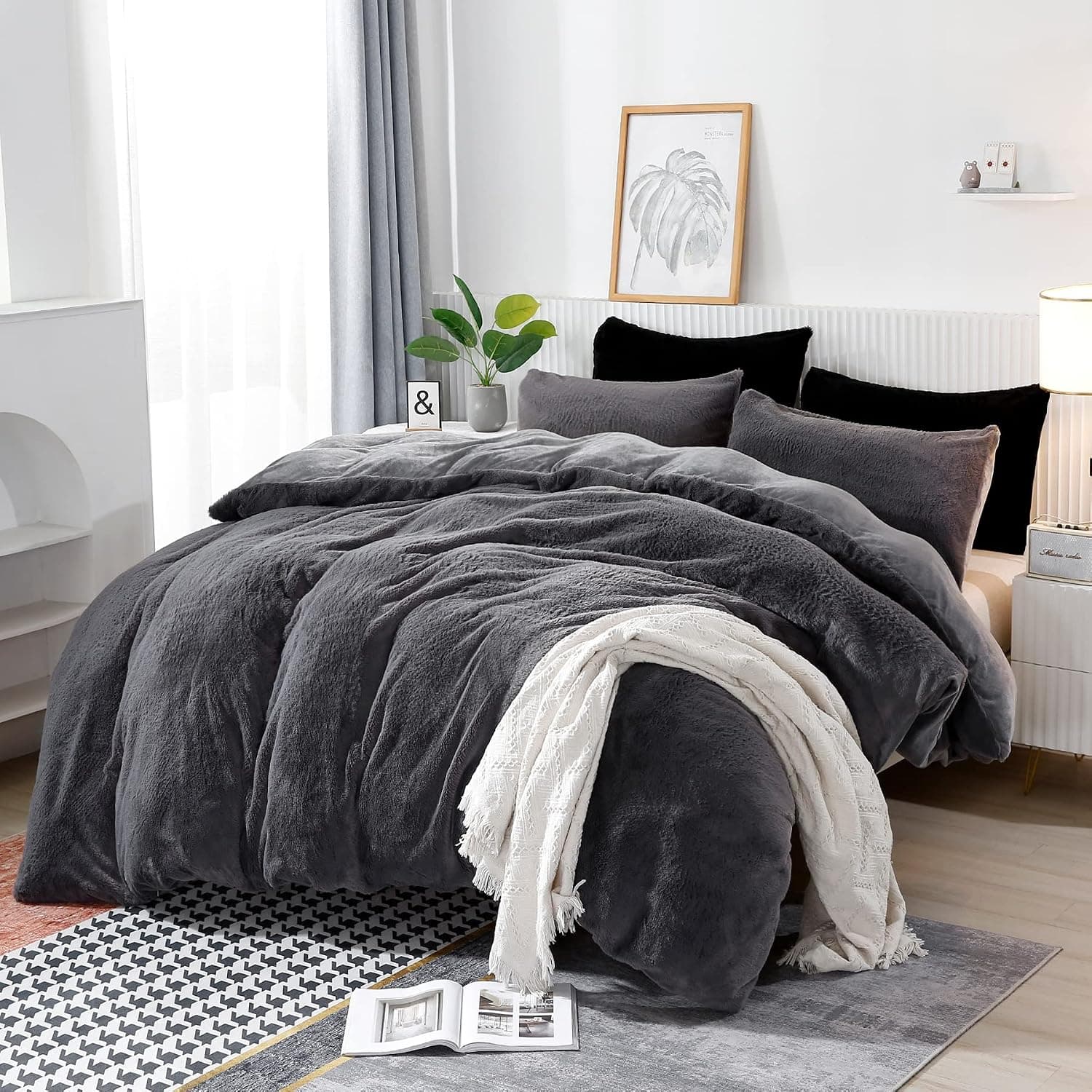 ULUSERN Fluffy Comforter Cover Set,Gray Twin,Fuzzy Faux Fur Comforter Bed Set 2pcs,1Duvet Cover + 1Pillowcase,Plush Shaggy Duvet Cover Set, Soft Crystal Velvet Bedding Sets with Zipper Closure
