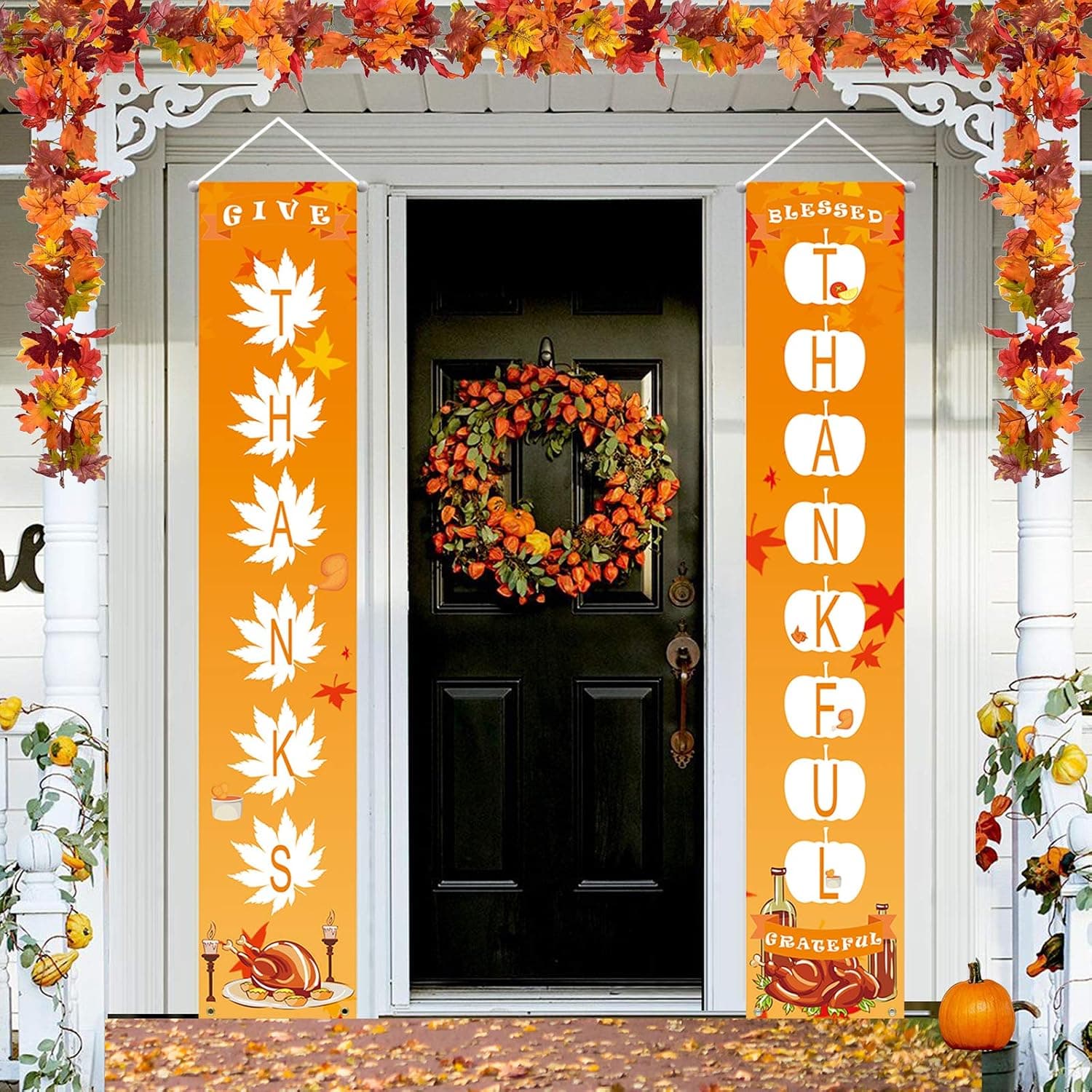 Thanksgiving Banner Fall Harvest Banner Thanksgiving Porch Sign Thankful Banner Thanksgiving Decoration For Home Outside Autumn Door Banner Turkey Pumpkin Maple Thanksgiving Flag Holiday fall 2 PCS