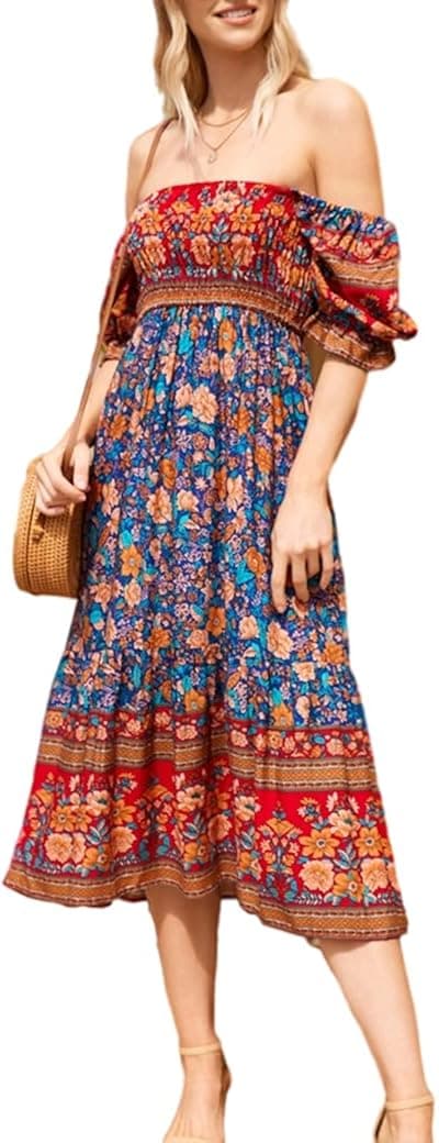 Naggoo Women's Square Neck Bohemian Long Dress Summer Floral Print Ruffle Short Sleeve Beach Party Maxi Dress