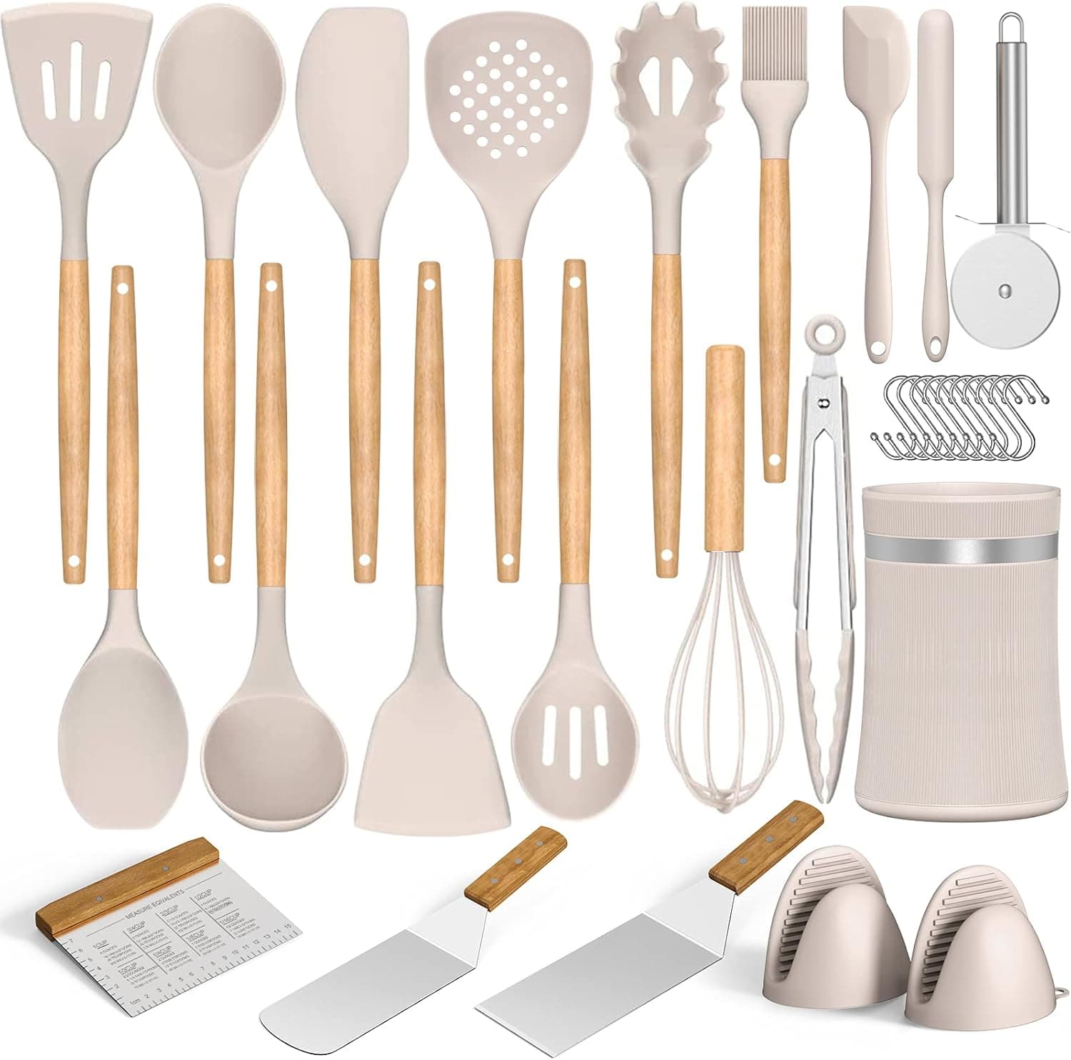 Silicone Kitchen Cooking Utensils Set, Umite Chef 31 pcs Heat Resistant Silicone Wooden Handles Cooking Utensil Spatula Set with Holder, Khaki Kitchen Gadgets Tools Set for Nonstick Cookware