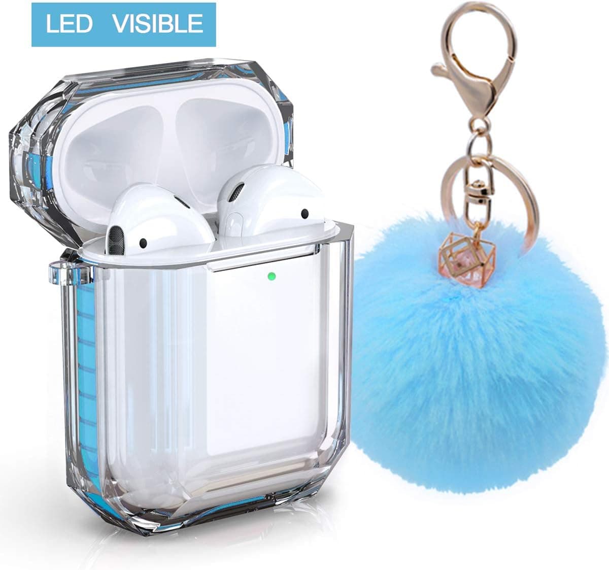 AirPods Case Cover, Zora Shockproof Protective Soft TPU Clear Apple Air Pods 1&2 Cover Case (Front LED Visible) Headphone Case with Cute Fur Ball Anti-Lost Keychain for Girls (Airpods 2, Blue)
