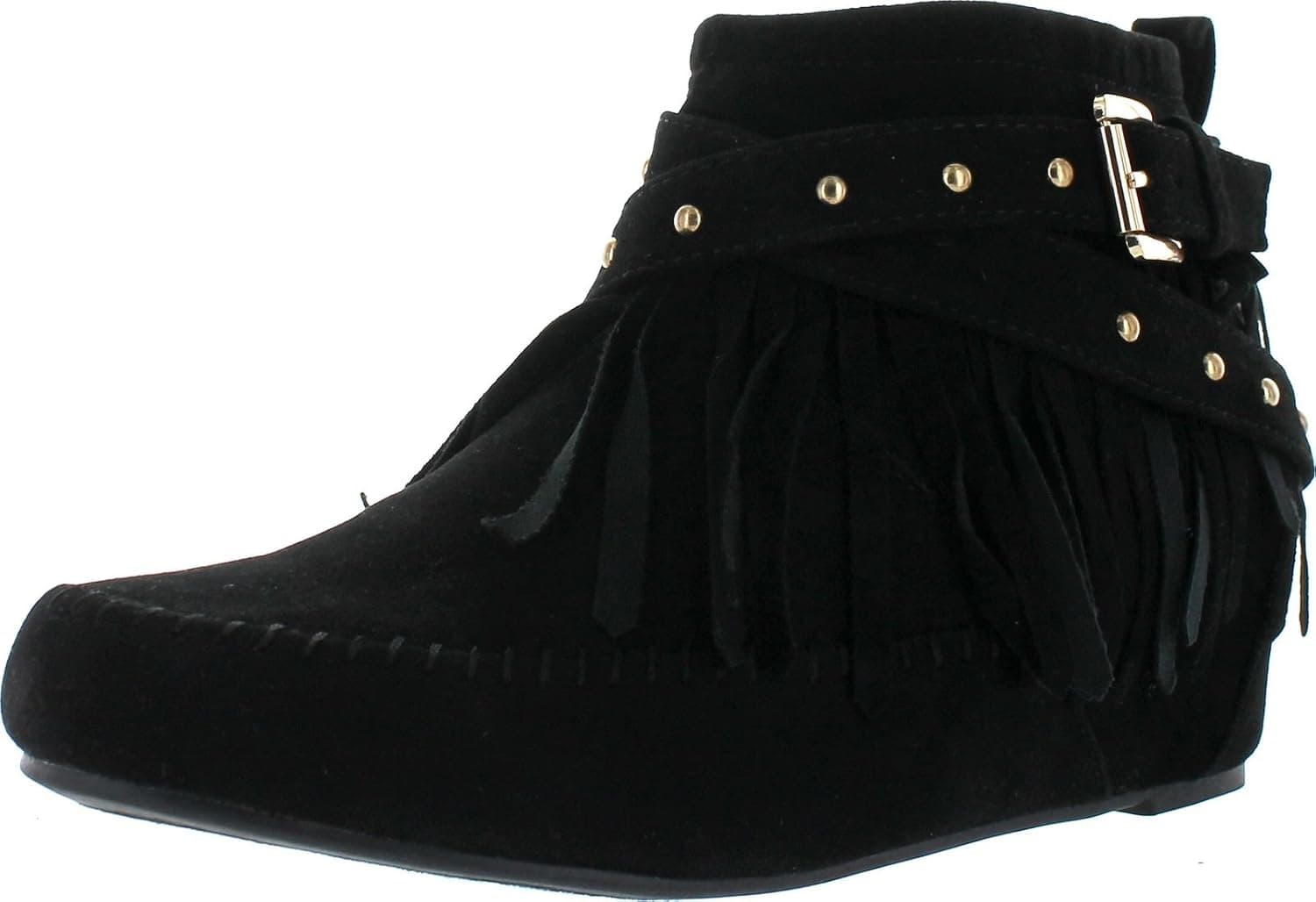Bella Marie Campus-25 Women's Shiny Studded Criss Cross Side Zip Fringe Booties,Black,9