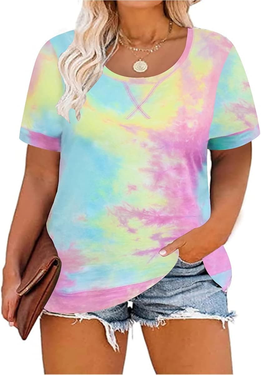 CARCOS Plus Size Tops for Women Short Sleeve Shirt Summer Star/Leopard/Tie Dye/Flower Crewneck Pullover Tunic XL-5XL