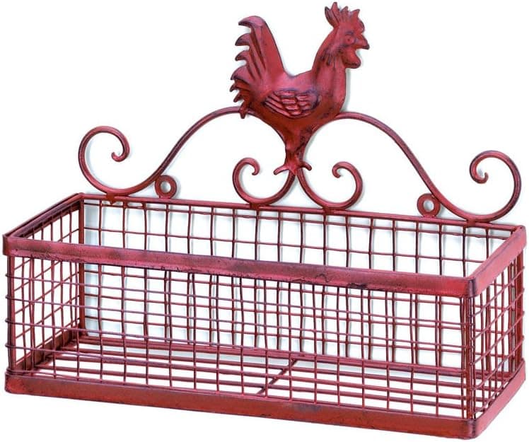 MyEasyShopping Red Rooster Single Wall Rack, 1-Rooster Single Wall Rack, Wall Rack Rooster Red Single Basket Country Iron Rustic Kitchen Storage Farmhouse Decor, Vintage Bathroom Mounted Metal