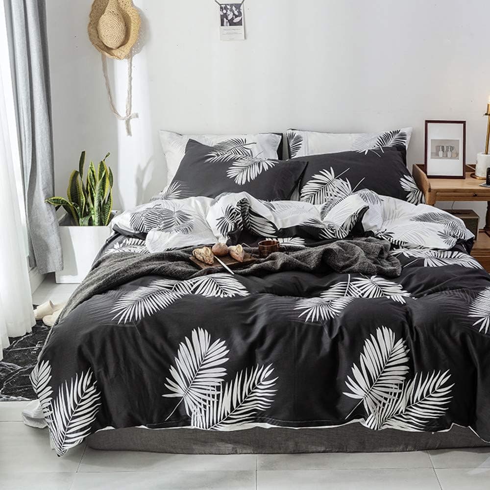 VM VOUGEMARKET 3 Pieces Duvet Cover Set King,Lightweight Cotton Bedding Set for Adults,Reversible Leaves Comforter Cover with Zipper
