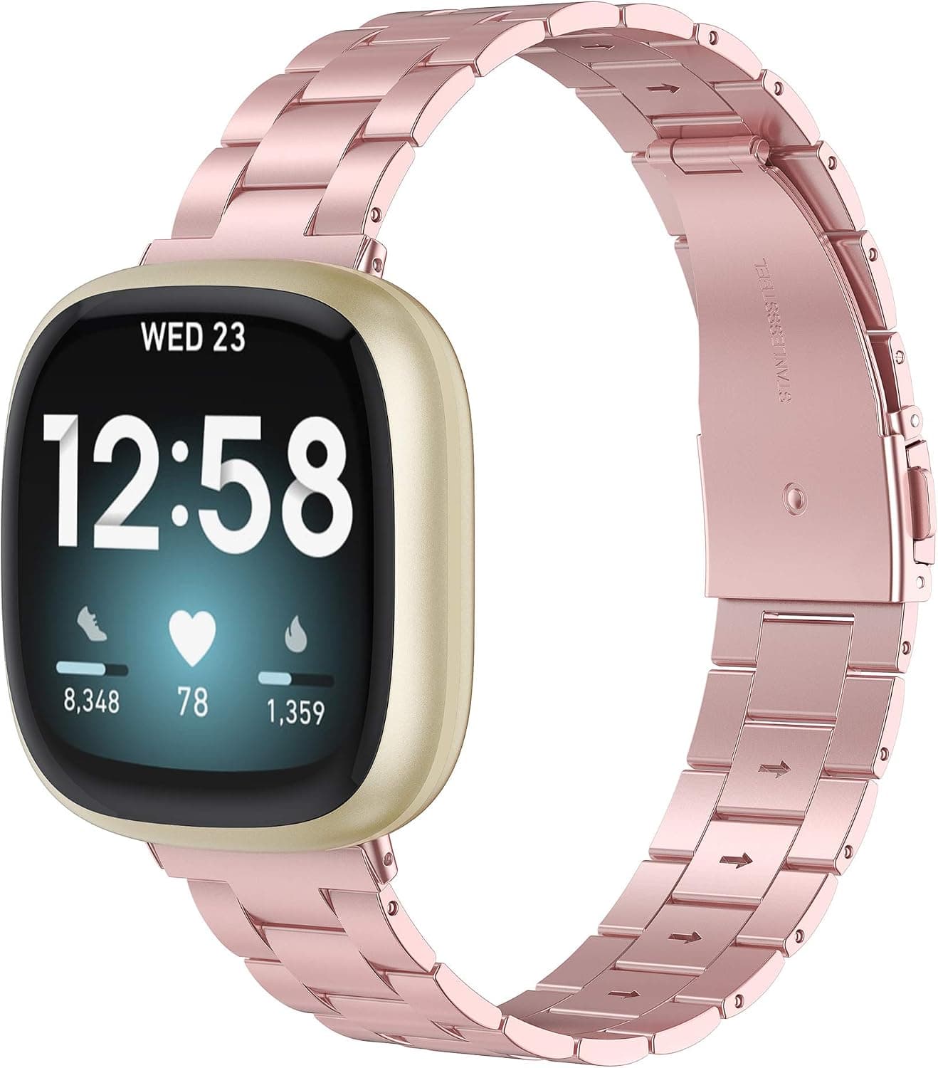 Wearlizer Compatible with Fitbit Versa 4/3 Bands/Fitbit Sense 2/Sense Bands for Women Men,Stainless Steel Ultra-Thin Lightweight Metal Replacement Starp for Versa 4/Sense 2(Rose Pink)