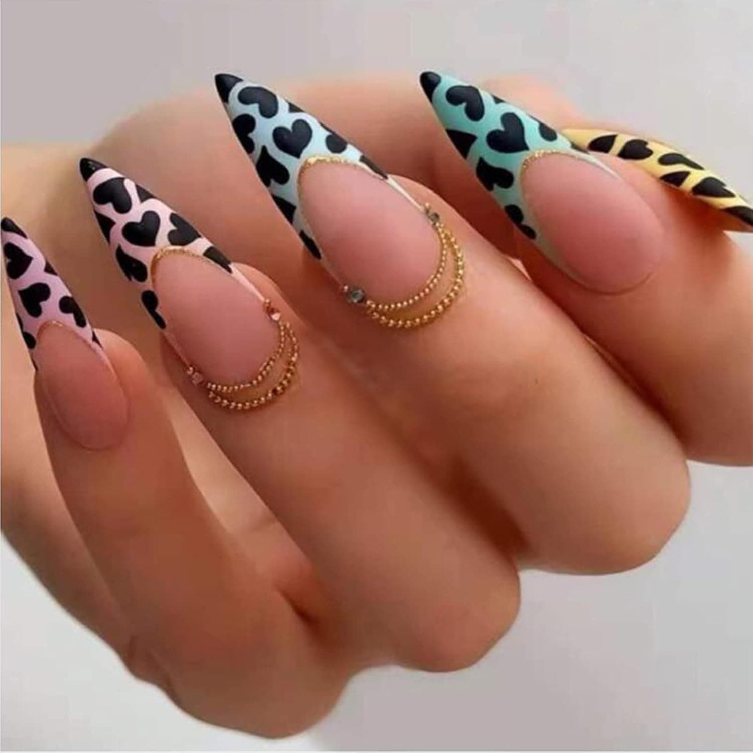 Press on Nails 24 PCS Long Coffin Fake Nails Glue on Nails for Women Girls Teens with Glue Sticker and Nails File, Matte Leopard Pearl Colorful False Nails