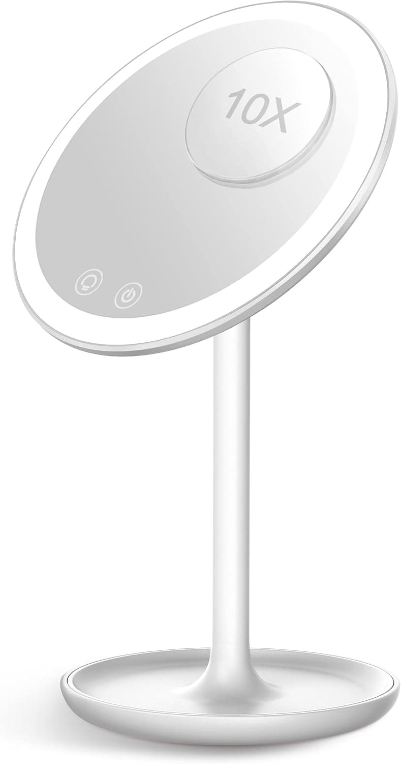 ZORVIDSON Makeup Mirror, Vanity Mirrors with LED Brightness Adjustment Function and 3 Light Colors, 5X Magnifying Mirror, Portable Home Bathroom Desktop Makeup Mirror