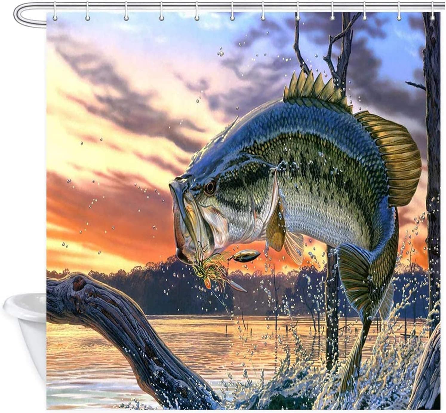 NYMB Fishing Shower Curtain, Bass Fish with Hook Out of Ocean at Sunrise Bath Curtains, Waterproof Fabric Bathroom Decorations, Shower Curtains 12PCS Hooks Included, 69X70 Inches