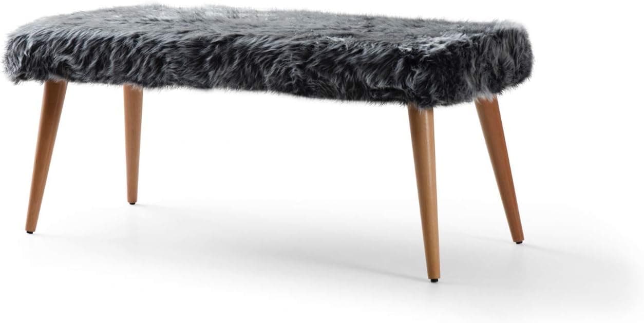 Pyramid Home Decor Faux Fur Ottoman for Bedroom End of Bed - Fluffy Fur Bench with Wood Legs - 40 x 17 x 17.5 Inch Grey Long Ottoman