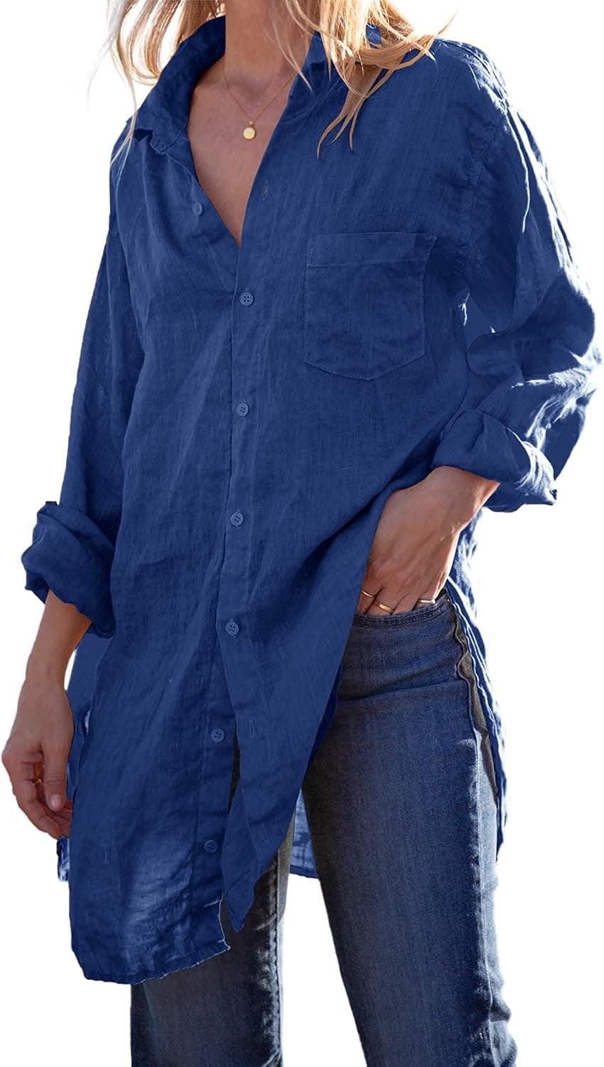 Runcati Womens Button Down Shirts Linen Cotton Long Sleeve Blouse Tunic Tops Cover Up Shirt Loose Beach Bikini Dress