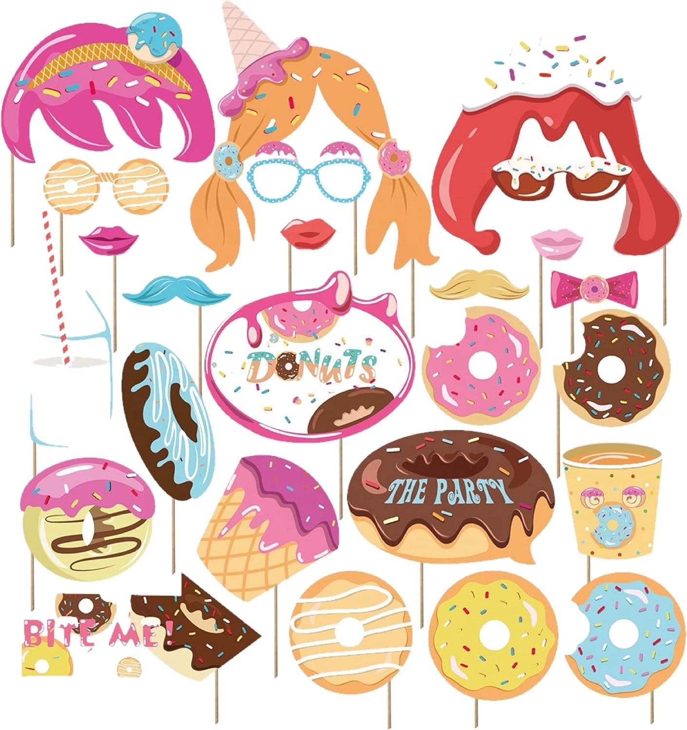 Kristin Paradise 25Pcs Donut Time Photo Booth Props with Stick, Doughnut Sprinkle Theme Selfie Props, Donut Day Birthday Party Supplies, Photography Backdrop Decorations for Girls