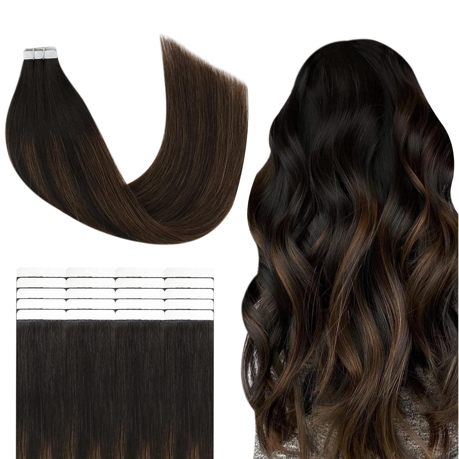 YoungSee 14inch Tape in Hair Extensions Highlighted Darkest Brown with Medium Brown Balayage Hair Extensions Tape in Real Human Hair 20pcs 50g