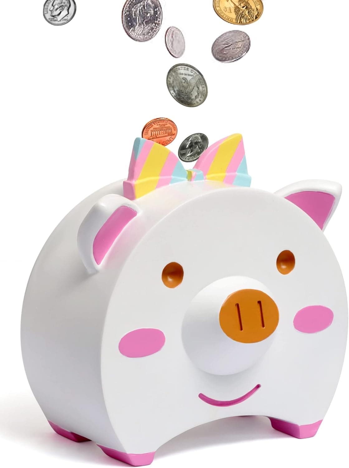 elefunkie Piggy Bank Girls - Resin Kids Piggy Bank - Large Girls Piggy Banks with Poster and ebook - Cute Large Piggy Bank with Rainbow Bow - Big Piggy Bank with
