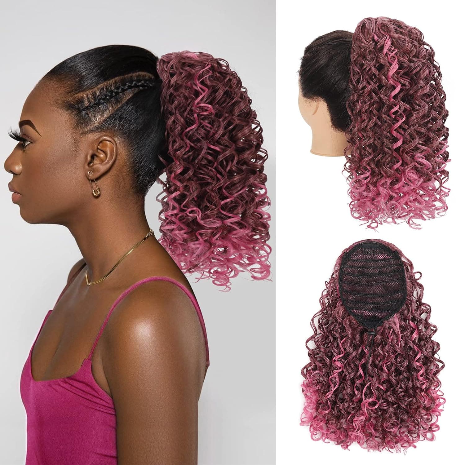 Brikabia Drawstring Ponytail Extension, 14" Kinky Curly Drawstring Ponytail Extension for Black Women Hairpiece Synthetic Fake Afro Drawstring Ponytail for Black Women - Pink