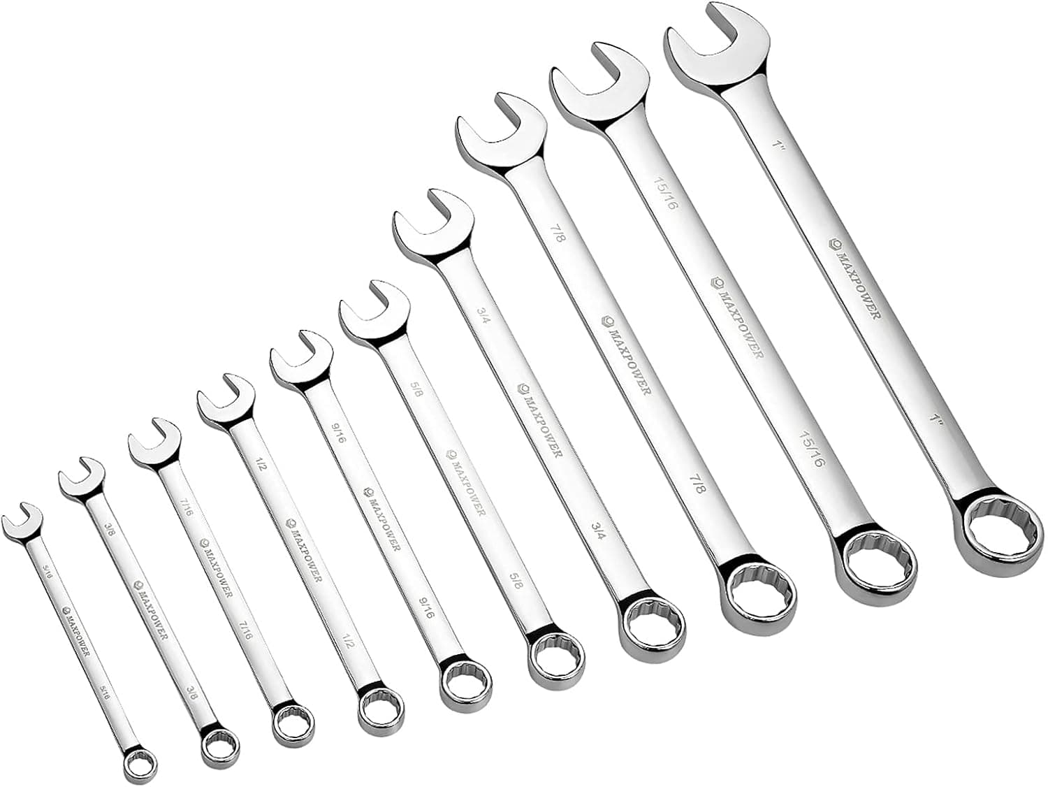 MAXPOWER 10PCS SAE Combination Wrench Set, Professional Open and Box End Spanners with Mirror Finish, Made with Forged and Heat-Treated Cr-V Steel, 12-Point Design, Size Includes 5/16in - 1in