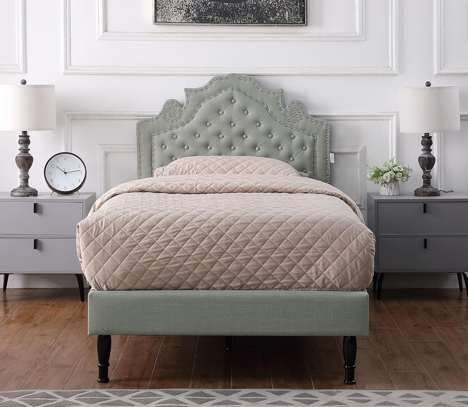 Twin Upholstered Platform Bed Frame with 47" Tall Adjustable Headboard - Button Tufted Linen Bed - Wood Slat Support with Storage Space - No Box Spring Needed - Grey - Oliver & Smith - Elizabeth