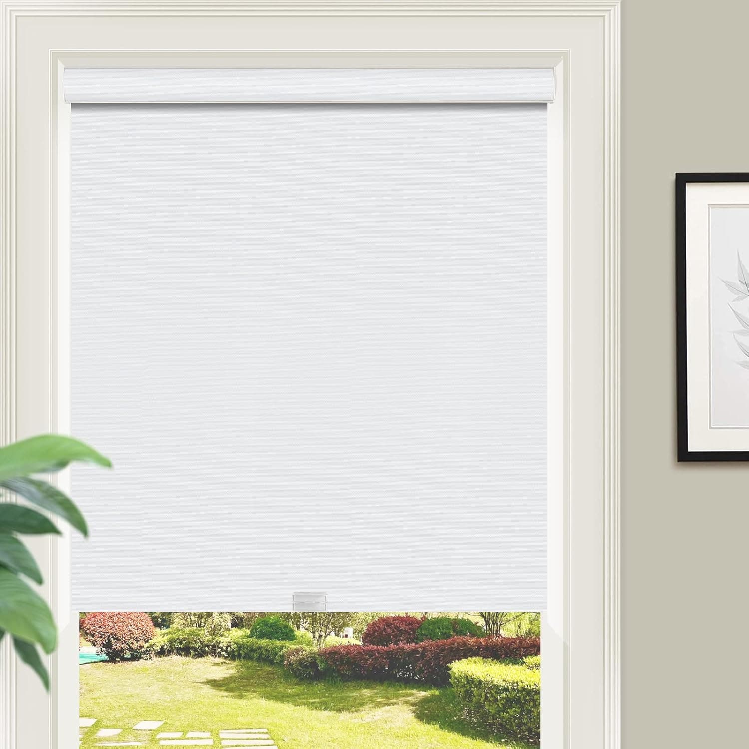ZY Blinds Cordless Blackout Window Shades, White Roller Shades with Metal Valance, UV Protection Enegry Saving Room Darkening Fabric Window Blinds for Windows, Doors, French Door, 35" W x 84" H