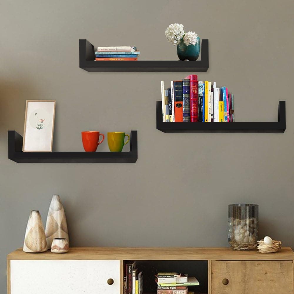 Homevol Floating Shelves Wall Mounted Set of 3, U Shelves Wood Wall Storage Shelves DIY Wood Display for Bedroom, Living Room, Bathroom, Kitchen, Office and More, Black
