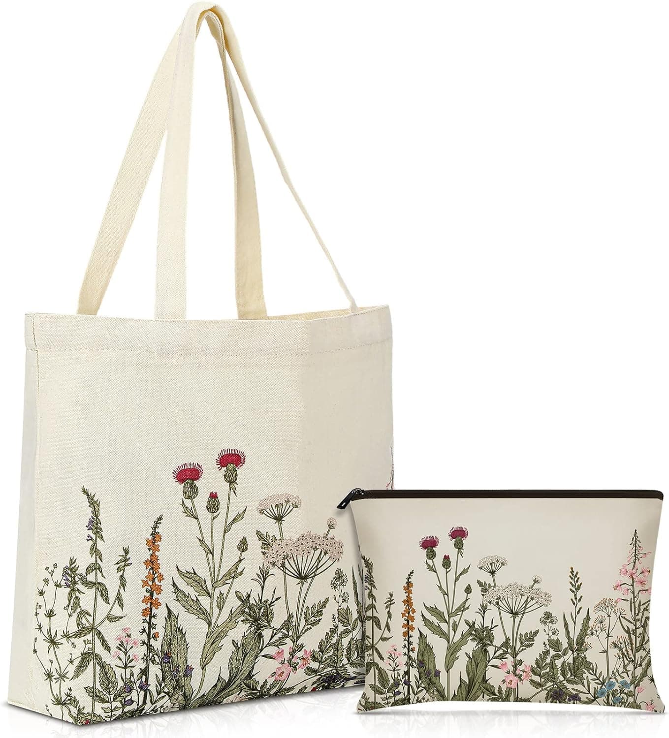 Sadnyy 2 Pcs Canvas Tote Bags Cute Aesthetic floral Makeup Bags with Metal Zipper for Women Teacher Christmas Gift Shopping