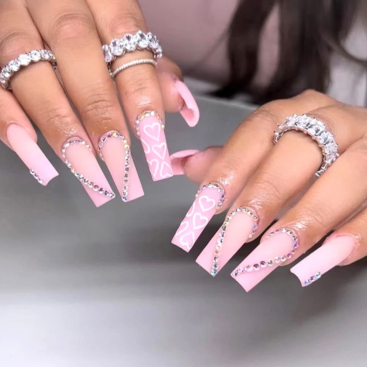 Pink Press on Nail Long, Sqaure Fake Nail -24pcs Pink Flase Nail With Rhinestone Design for Acrylic Nail Full Cover False Nail for Women Manicure Decor (pink heart)